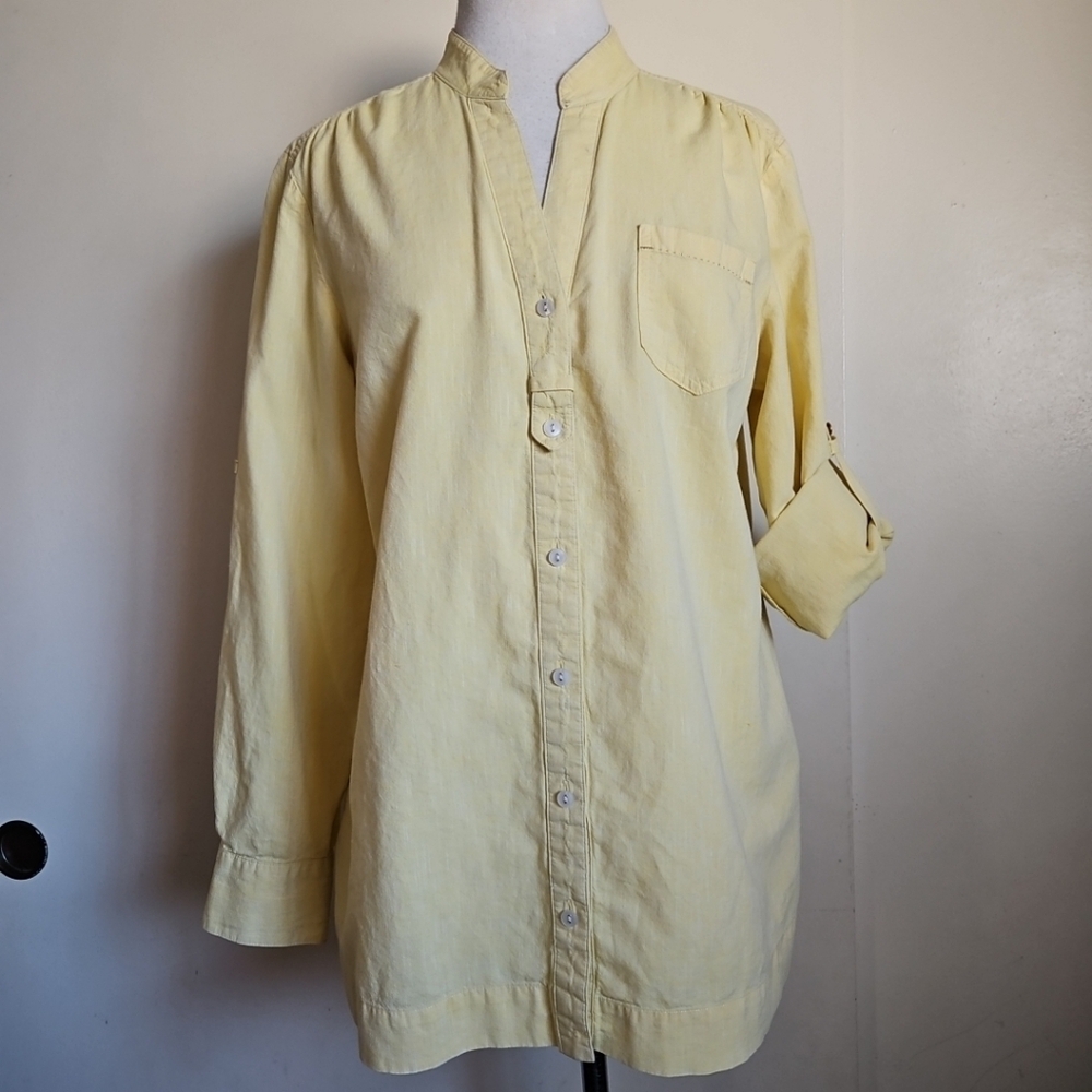 Tommy Hilfiger Linen Cotton Button-UpTunic Shirt Long Sleeve In Yellow Sz Large